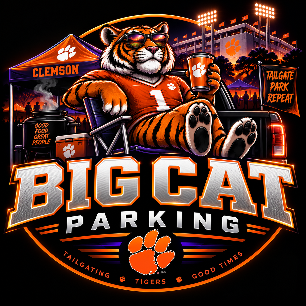 Big Cat Parking tiger artwork — tailgate, park, repeat